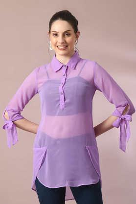 solid georgette collared women's tunic - lavender