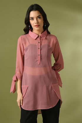 solid georgette collared women's tunic - pink