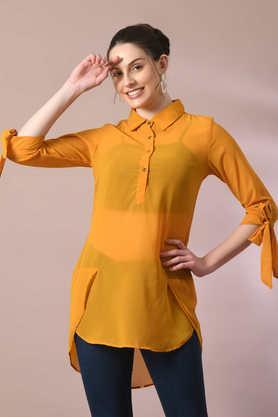 solid georgette collared women's tunic - yellow