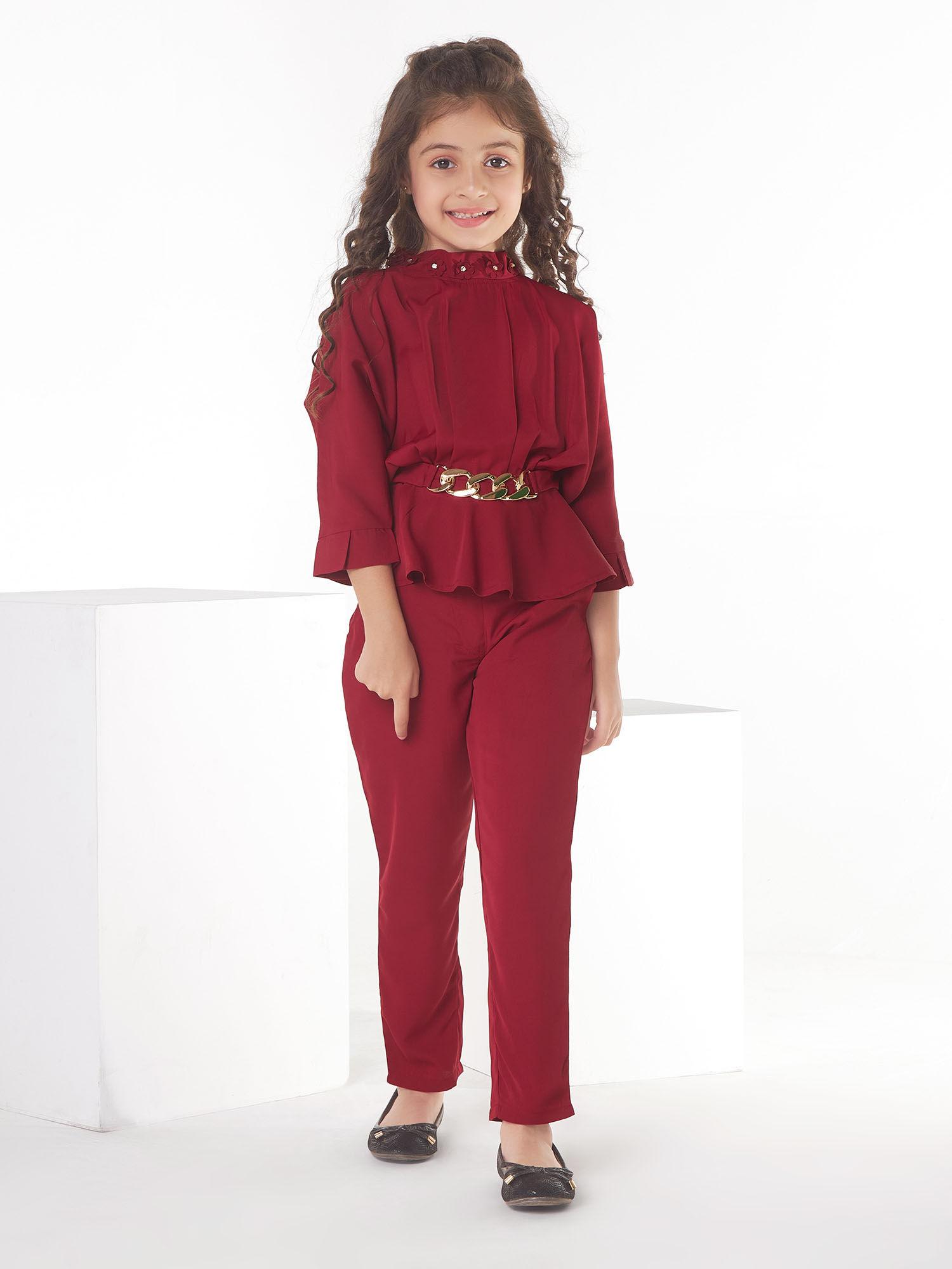 solid georgette high neck 2 piece for baby girls-maroon (set of 2)