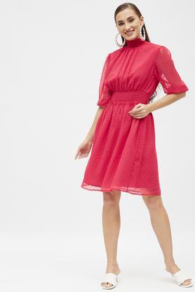 solid georgette high neck women's midi dress - pink