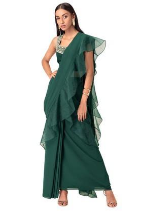 solid georgette regular fit women's saree - green