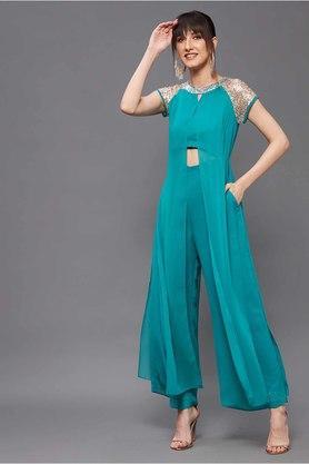 solid georgette relaxed fit womens regular jumpsuit - turquoise