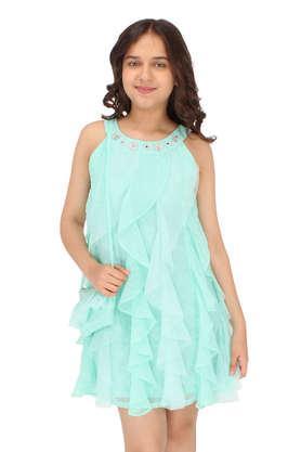 solid georgette round neck girl's casual wear dress - aqua