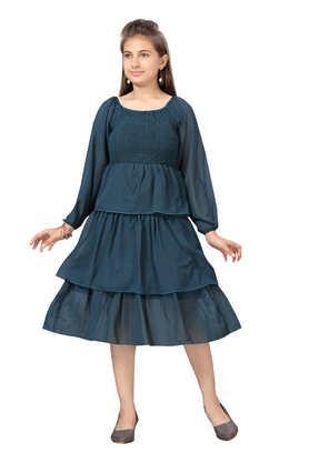 solid georgette round neck girls party wear dress - green