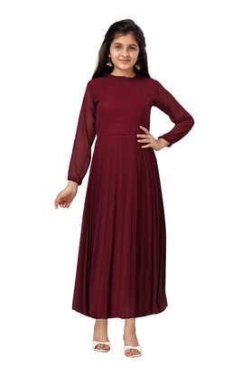 solid georgette round neck girls party wear dress - purple