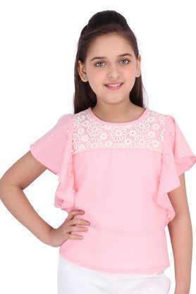 solid georgette round neck girls top - peach