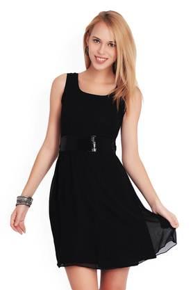 solid georgette round neck women's knee length dress - black