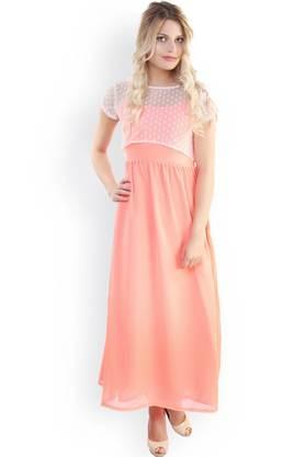 solid georgette round neck women's knee length dress - coral