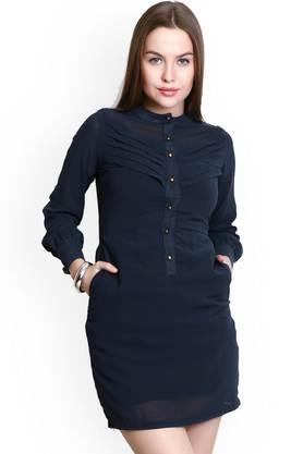 solid georgette round neck women's knee length dress - navy