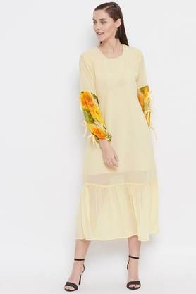 solid georgette round neck women's knee length dress - off white