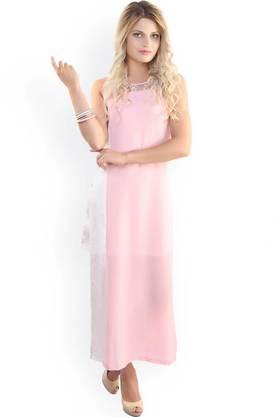 solid georgette round neck women's knee length dress - pink