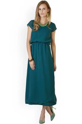 solid georgette round neck women's knee length dress - teal