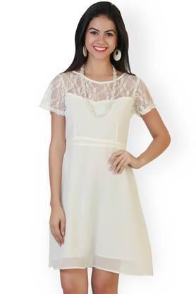 solid georgette round neck women's knee length dress - white
