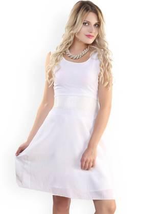 solid georgette round neck women's knee length dress - white