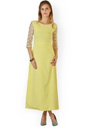 solid georgette round neck women's knee length dress - yellow