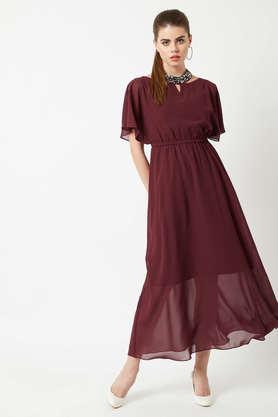 solid georgette round neck women's maxi dress - maroon