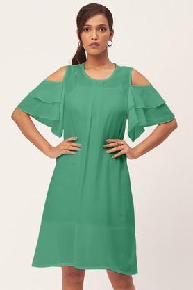 solid georgette round neck women's mini dress - green