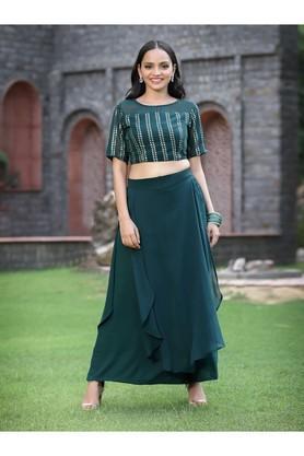 solid georgette round neck women's salwar suit - emerald