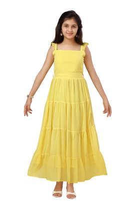 solid georgette square neck girls party wear dress - yellow