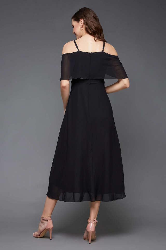 solid georgette square neck women's midi dress - black