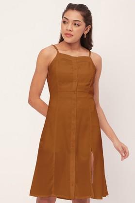 solid georgette square neck women's midi dress - brown