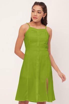 solid georgette square neck women's midi dress - lime green