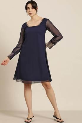 solid georgette square neck women's midi dress - navy