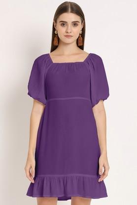 solid georgette square neck women's midi dress - purple