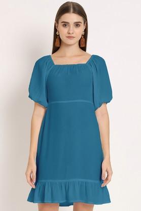 solid georgette square neck women's midi dress - teal