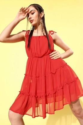 solid georgette square neck womens dress - red