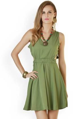 solid georgette v-neck women's knee length dress - green