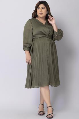 solid georgette v neck women's knee length dress - olive