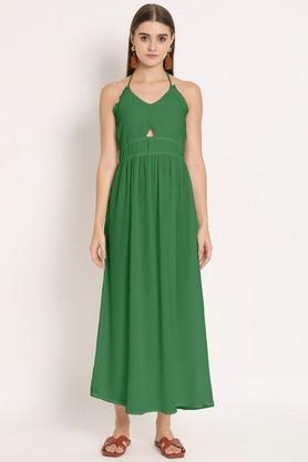 solid georgette v-neck women's maxi dress - green