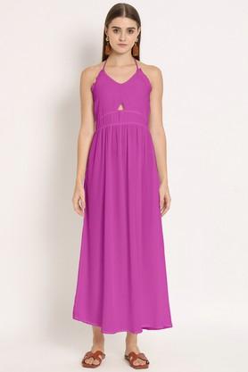 solid georgette v-neck women's maxi dress - magenta