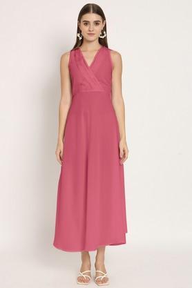 solid georgette v-neck women's maxi dress - pink