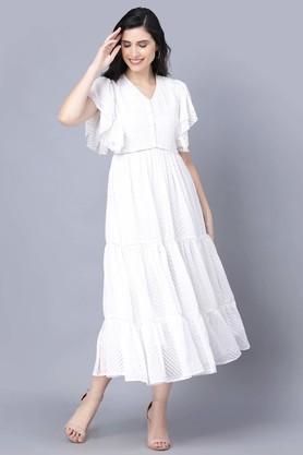 solid georgette v neck women's maxi dress - white