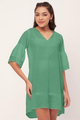 solid georgette v-neck women's mini dress - green
