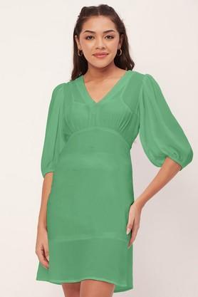 solid georgette v-neck women's mini dress - green