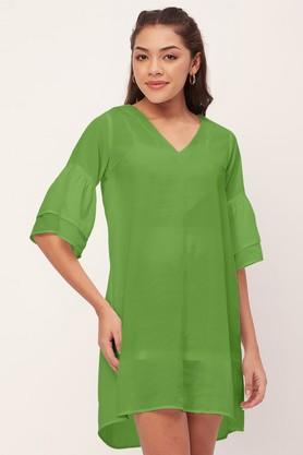 solid georgette v-neck women's mini dress - leaf green