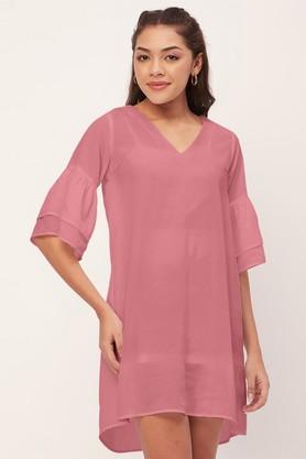 solid georgette v-neck women's mini dress - light pink