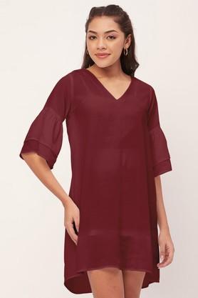 solid georgette v-neck women's mini dress - maroon