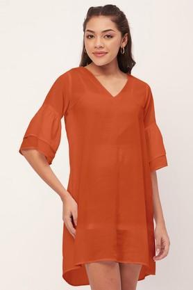 solid georgette v-neck women's mini dress - orange