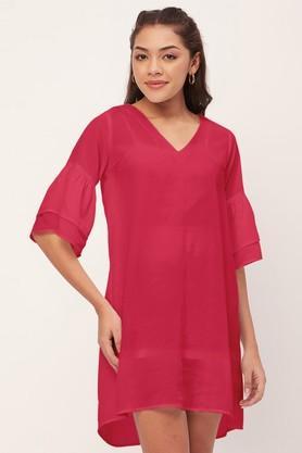 solid georgette v-neck women's mini dress - pink