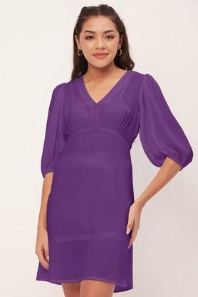 solid georgette v-neck women's mini dress - purple