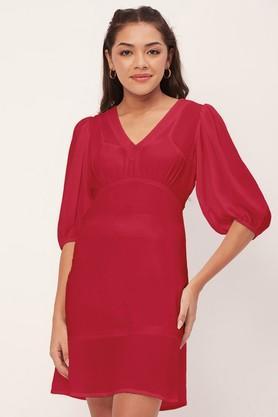 solid georgette v-neck women's mini dress - red
