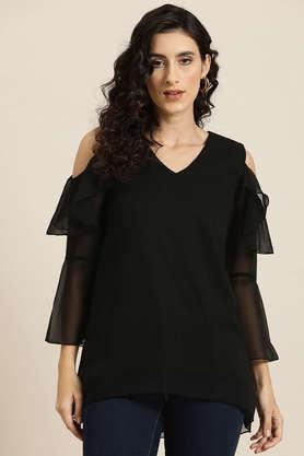 solid georgette v neck women's top - black