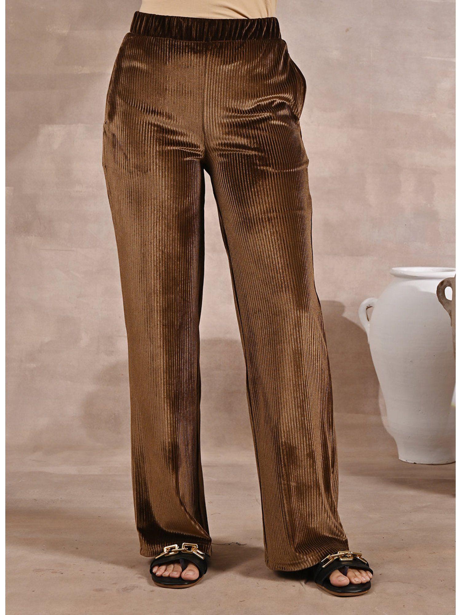 solid gold velour straight-fit palazzo with elastic waist band