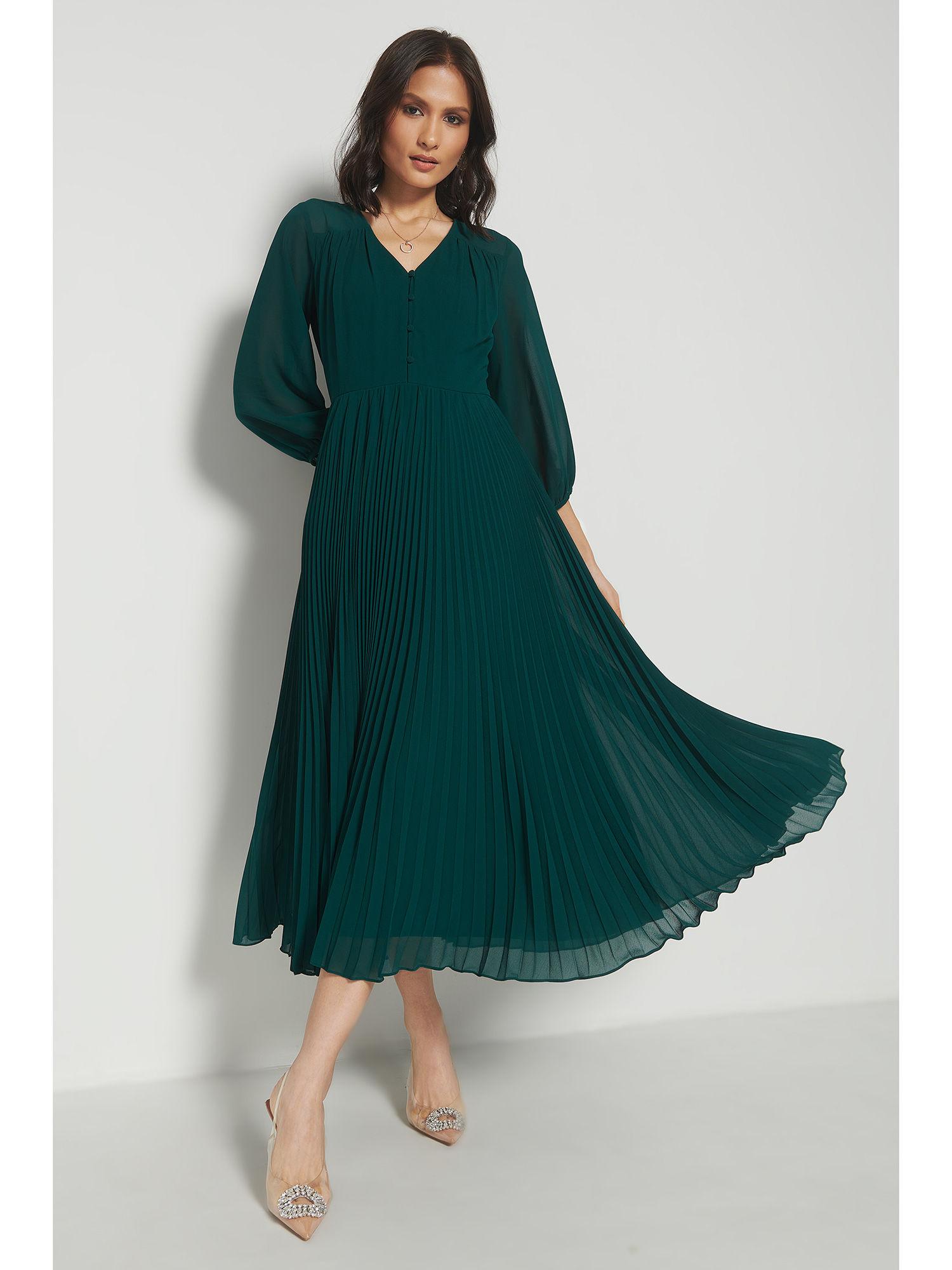 solid green casual midi dress