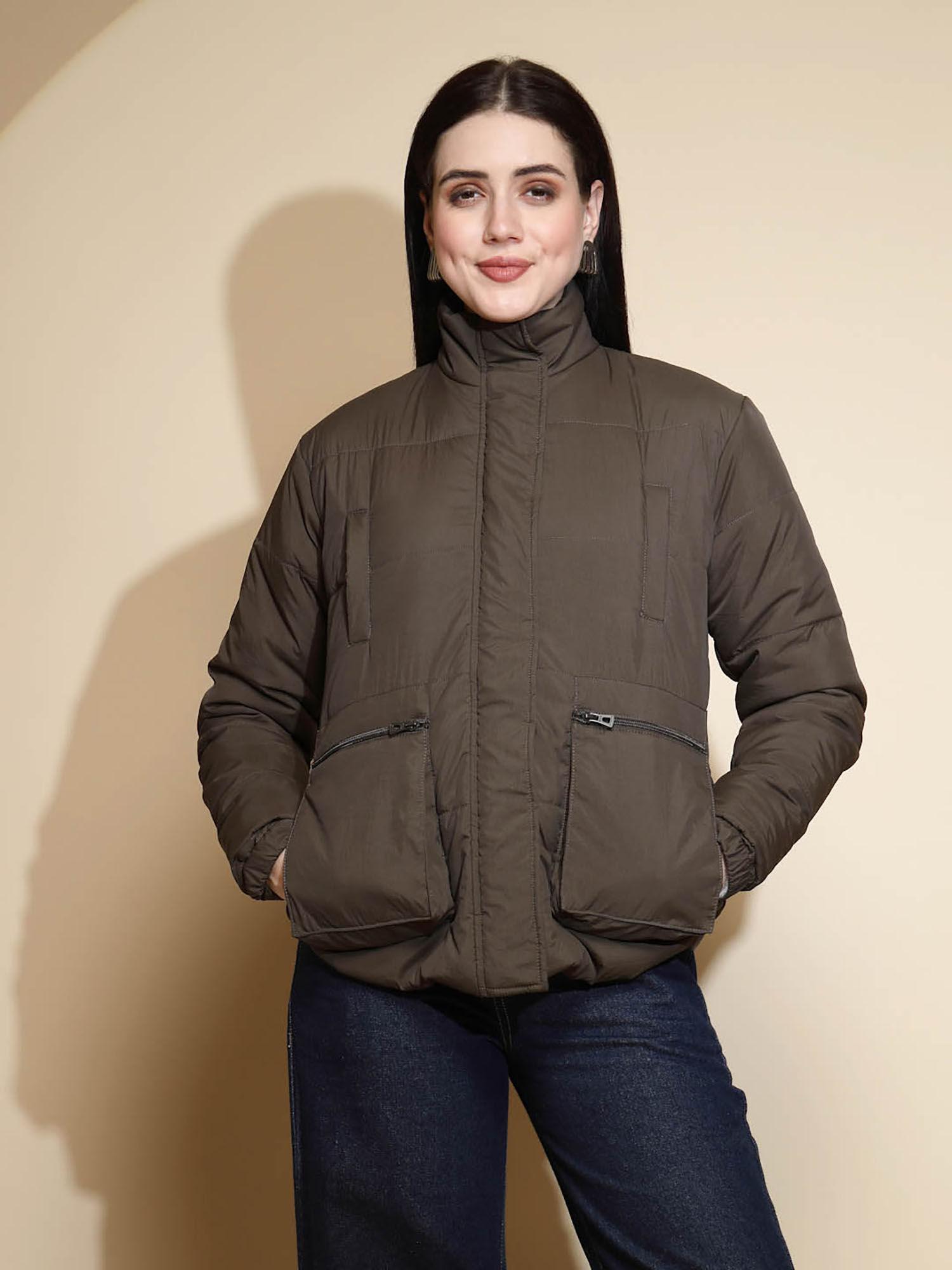 solid green high neck puffer jacket